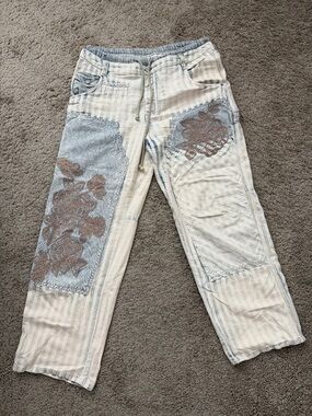 Free People Casual Boyfriend Pants Light Blue & Cream Embroidered Patchwork